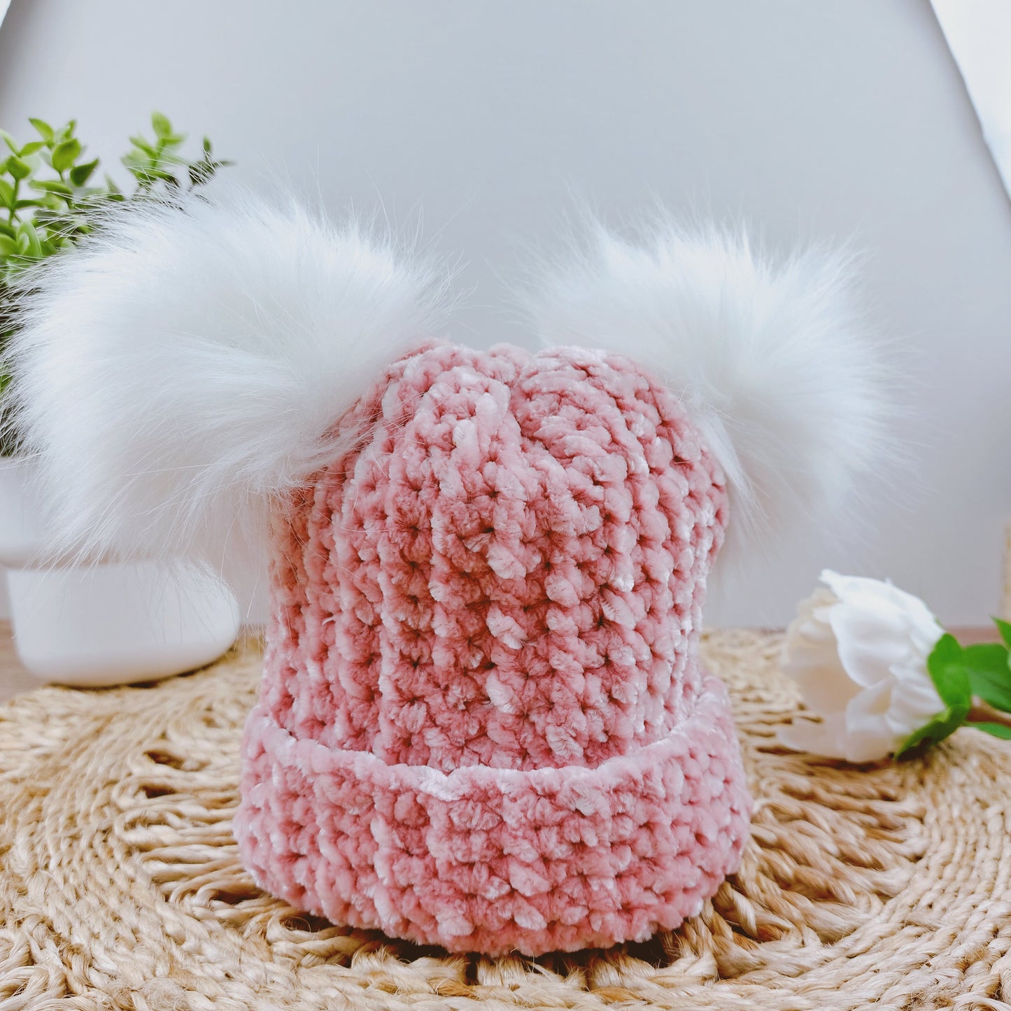 Velvet Beanie Double Pom