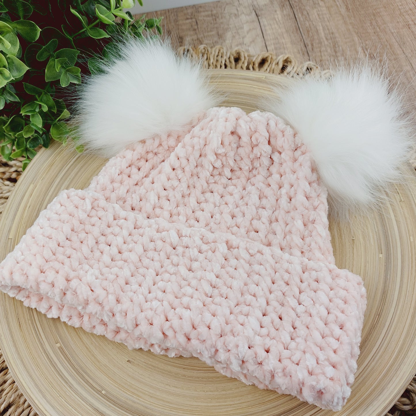 Velvet Beanie Double Pom